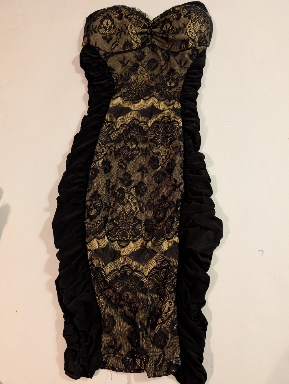 Forplay Black Lace Strapless Dress with Tan Underlay XS